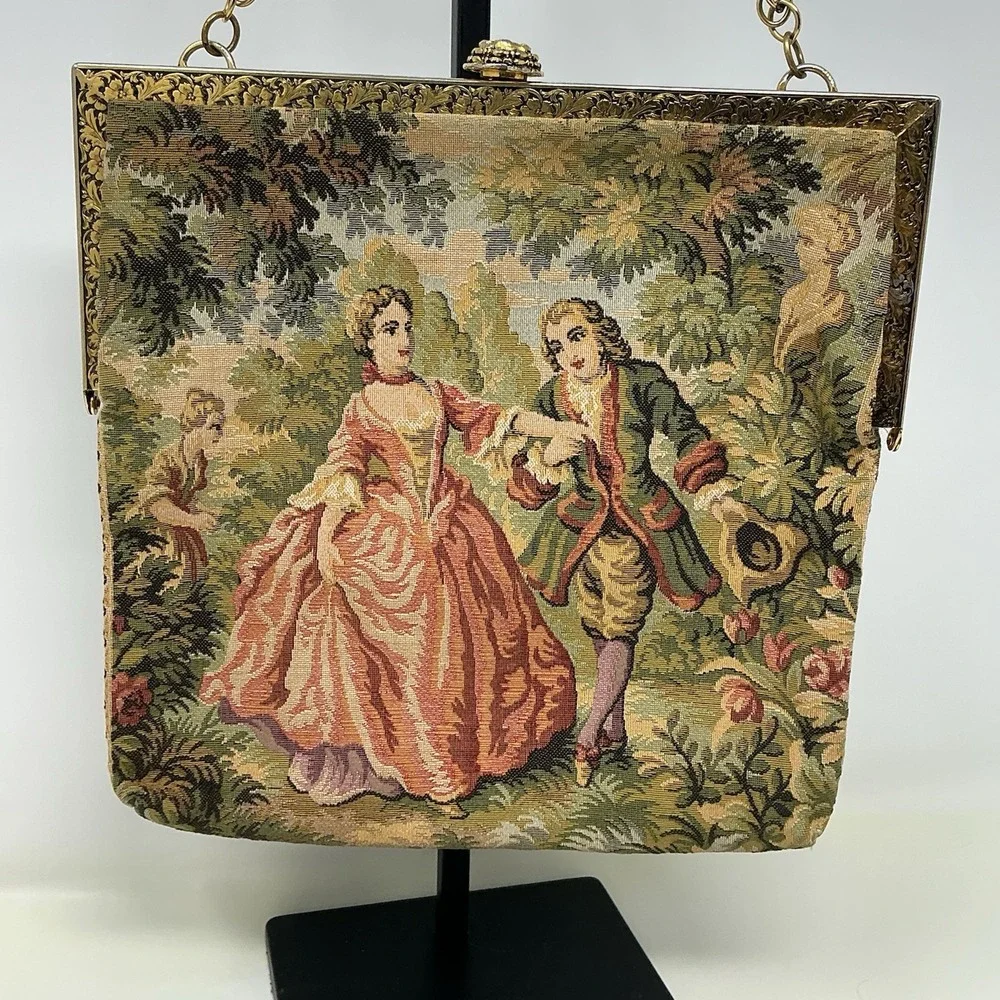 Vintage Delill Tapestry Frame Kisslock Clutch Bag Chain Strap French Rococo 50s